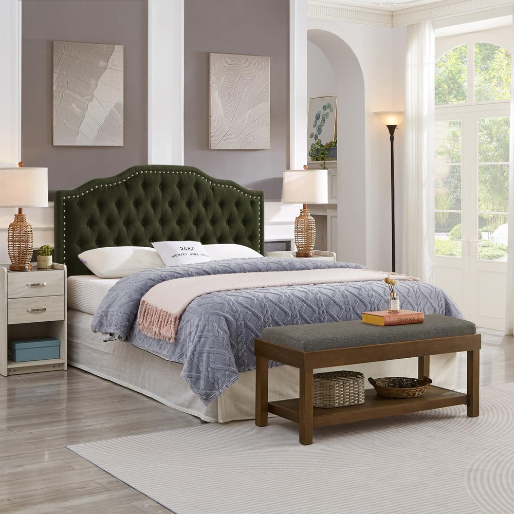 24KF Upholstered Button Tufted Queen Headboard with Nailhead Trim, Elegant Bo...