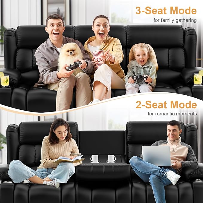 Loveseat Recliner Sofa, Flip Middle Backrest Design PU Leather 3 Seat Reclining Sofa with Storage Drawer, Manual Couch for Living Room/RV (Black, PU)