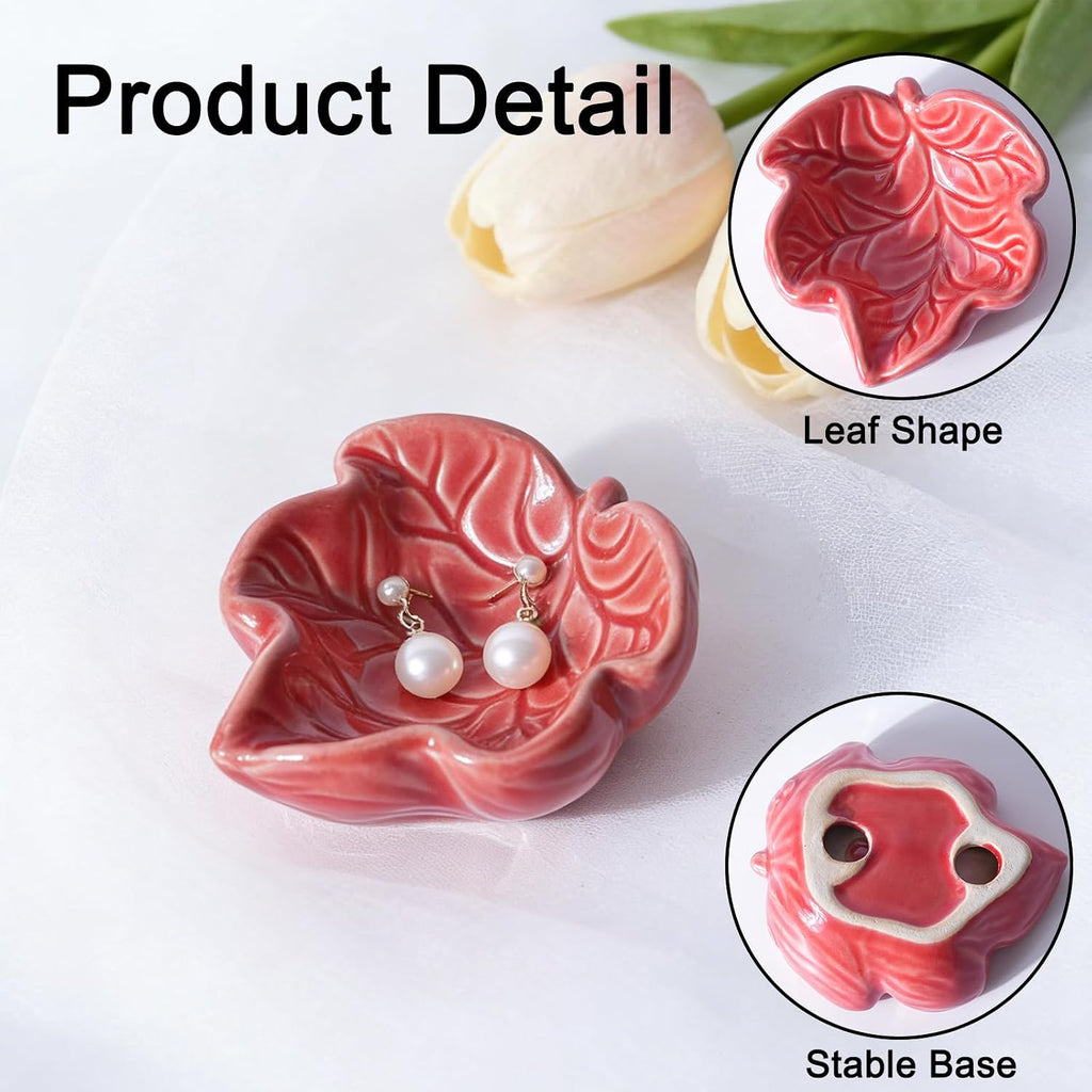3.5' Red Cute Leaves Ceramic Jewelry Tray for Dressing Table | Petite Bowl Keeps Rings, Earrings, Keys, and Keepsakes Visible on Vanities or Dressers, Making a Sweet Gift for Women