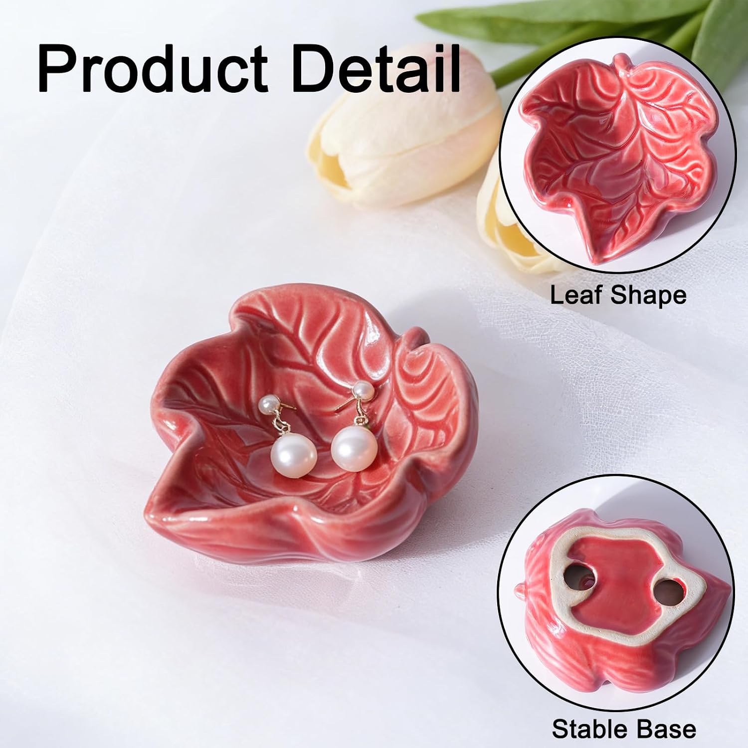3.5' Red Cute Leaves Ceramic Jewelry Tray for Dressing Table | Petite Bowl Keeps Rings, Earrings, Keys, and Keepsakes Visible on Vanities or Dressers, Making a Sweet Gift for Women