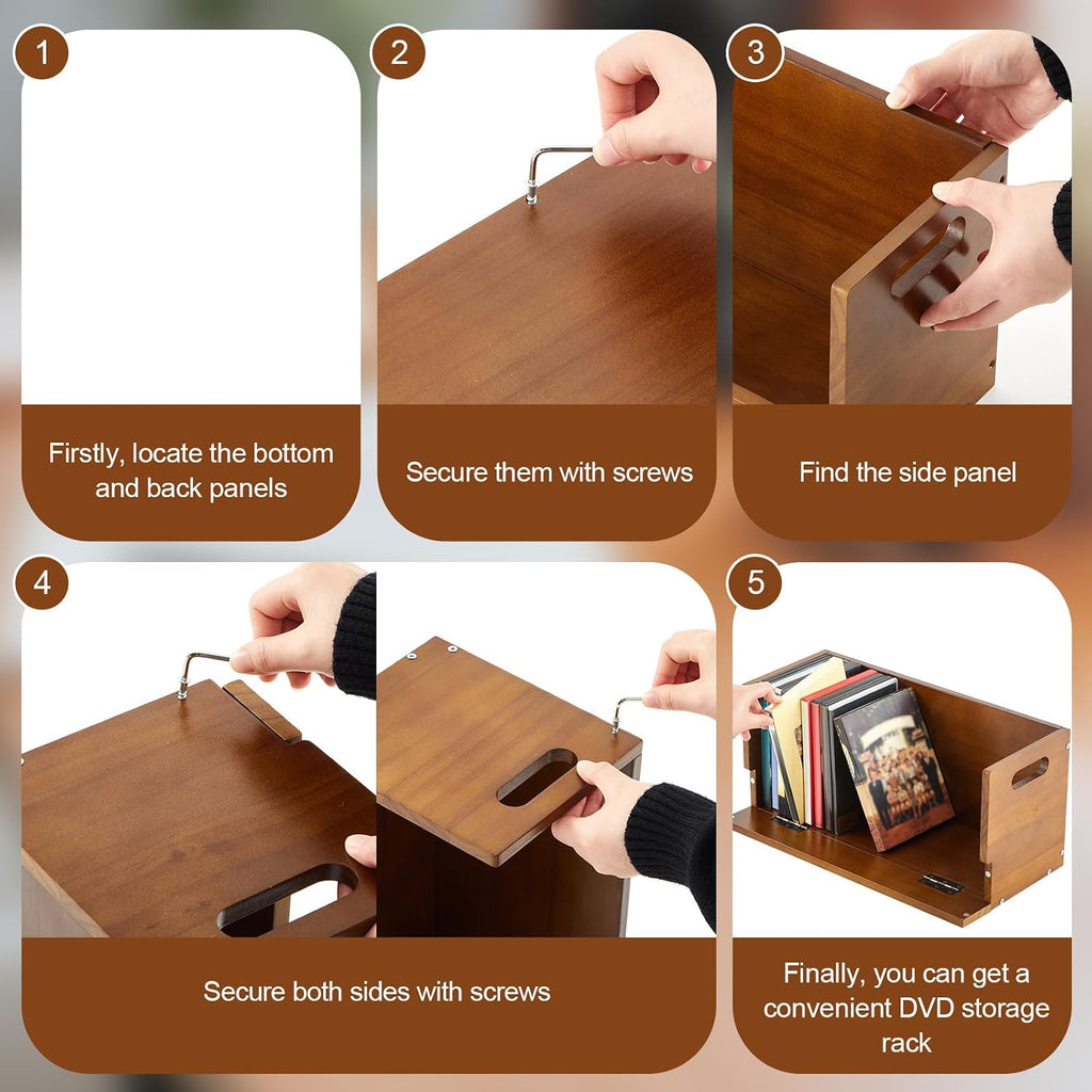 CroBlissful 4 Pack Wooden DVD Storage Organizer Boxes, Holds 104 DVDs (26 Each), Solid Wood Media Storage with Carry Handles for DVDs, CDs, Blu-ray Discs, Movie Cases and Cassette Tapes, Brown