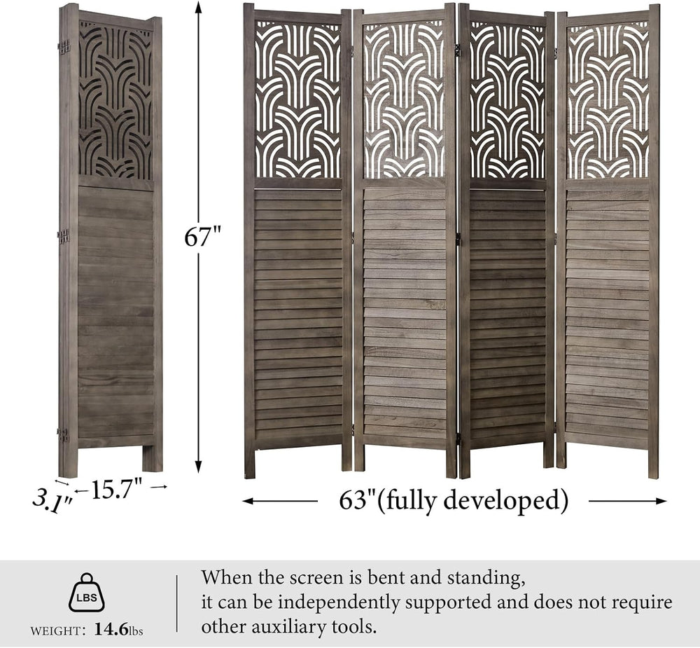 Svimi Folding Room Divider, 66.9 Inch 4 Panels Wood Carved Privacy Screens, F...