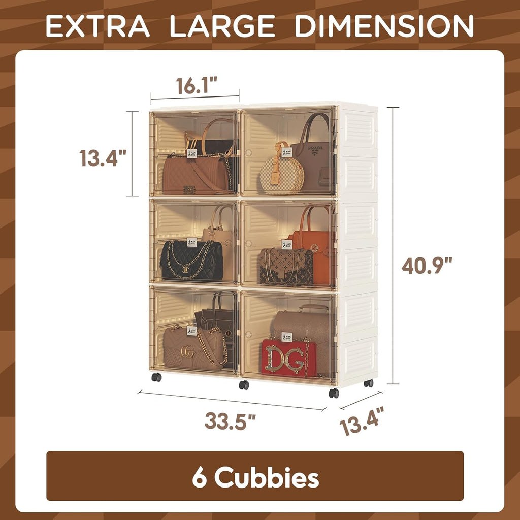 6 Cubbies Handbag Storage Organizer for Closet, Purse Organizer Cabinet with Magnetic Doors & Wheels, Foldable One-Piece Transparent Storage Box for Bags, Boots, Clothes, Toys, Books