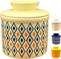 Butter Crock with Lid for Countertop, Butter Keeper Crock with Water, French Butter Dish Ceramic, Butter Holder with Lid for Spreadable Butter, Butter Container for Counter (Retro Diamond, Ivory)