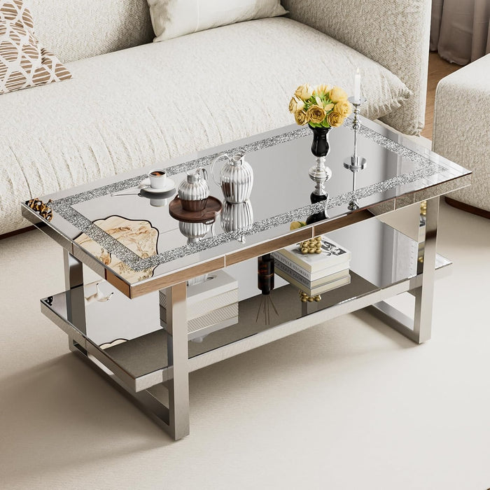 IKIFLY Mirrored Coffee Table with 2 Tiers, 2 in 1 Rectangle Coffee Table with Crushed Diamond, Silver Living Room Table with Stainless Steel Legs