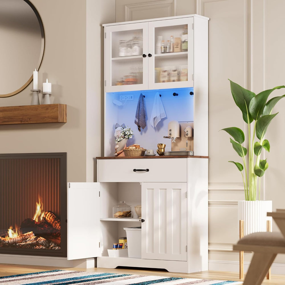 Gizoon 71" H Pantry Cabinet with Strip Light, Drawers | Coffee Bar with ...