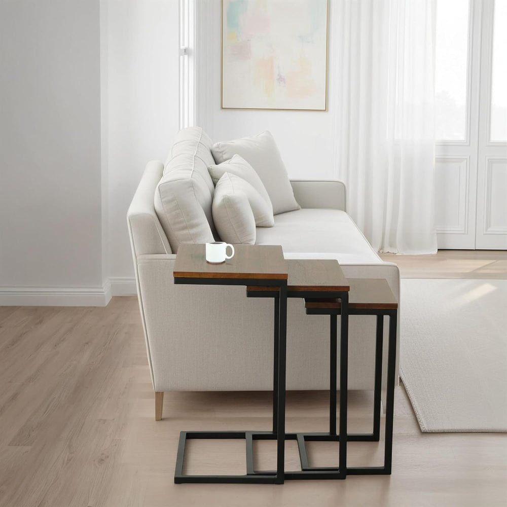 Pemberly Row Contemporary Nesting Table Set, Chestnut Wood Top and Black Meta...