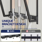 Wall-mounted broom and mop storage rack, equipped with mop, broom hanger and grab hooks for cleaning supplies, suitable for kitchens, laundry rooms, garages, utility rooms, closets, etc.