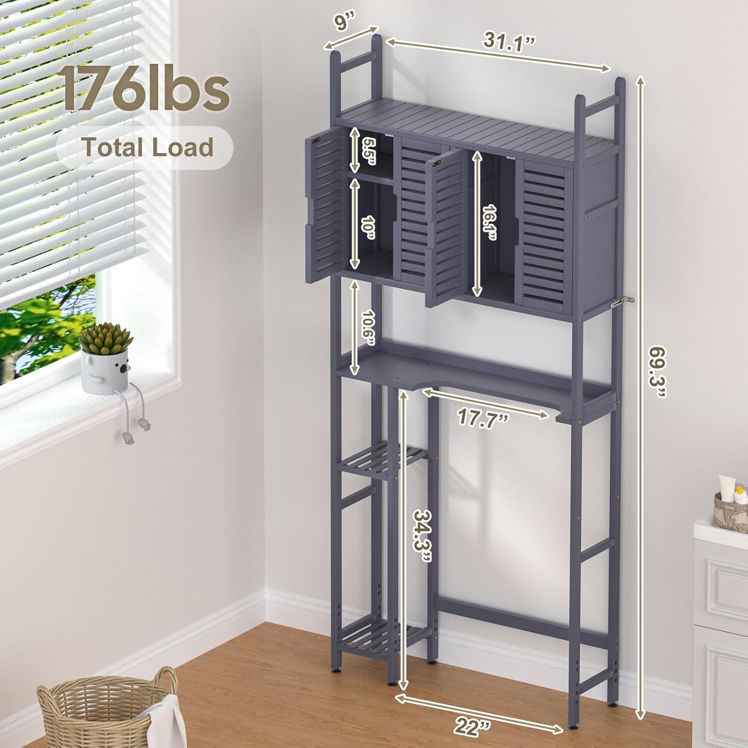 Over The Toilet Storage Cabinet with Paper Holder Stand,Bamboo Bathroom Organizer Shelf with Four Door and Waterproof Feet Pad,Space Saver Rack with Anti-Tip Design (Grey)