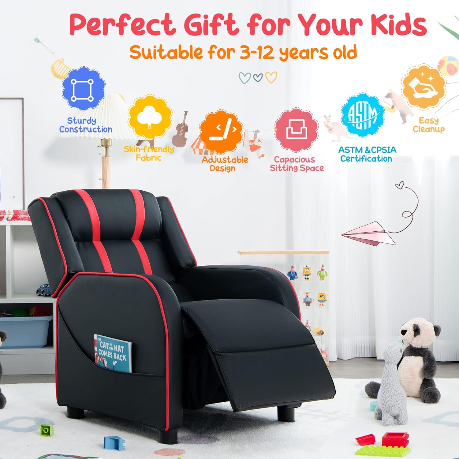 Costzon Kids Recliner, Gaming Recliner Chair w/Side Pockets, Footrest, Headrest & Lumbar Support for Kids Room & Play Room, Adjustable Racing Style Leather Sofa for Children Boys Girls (Red, Black)