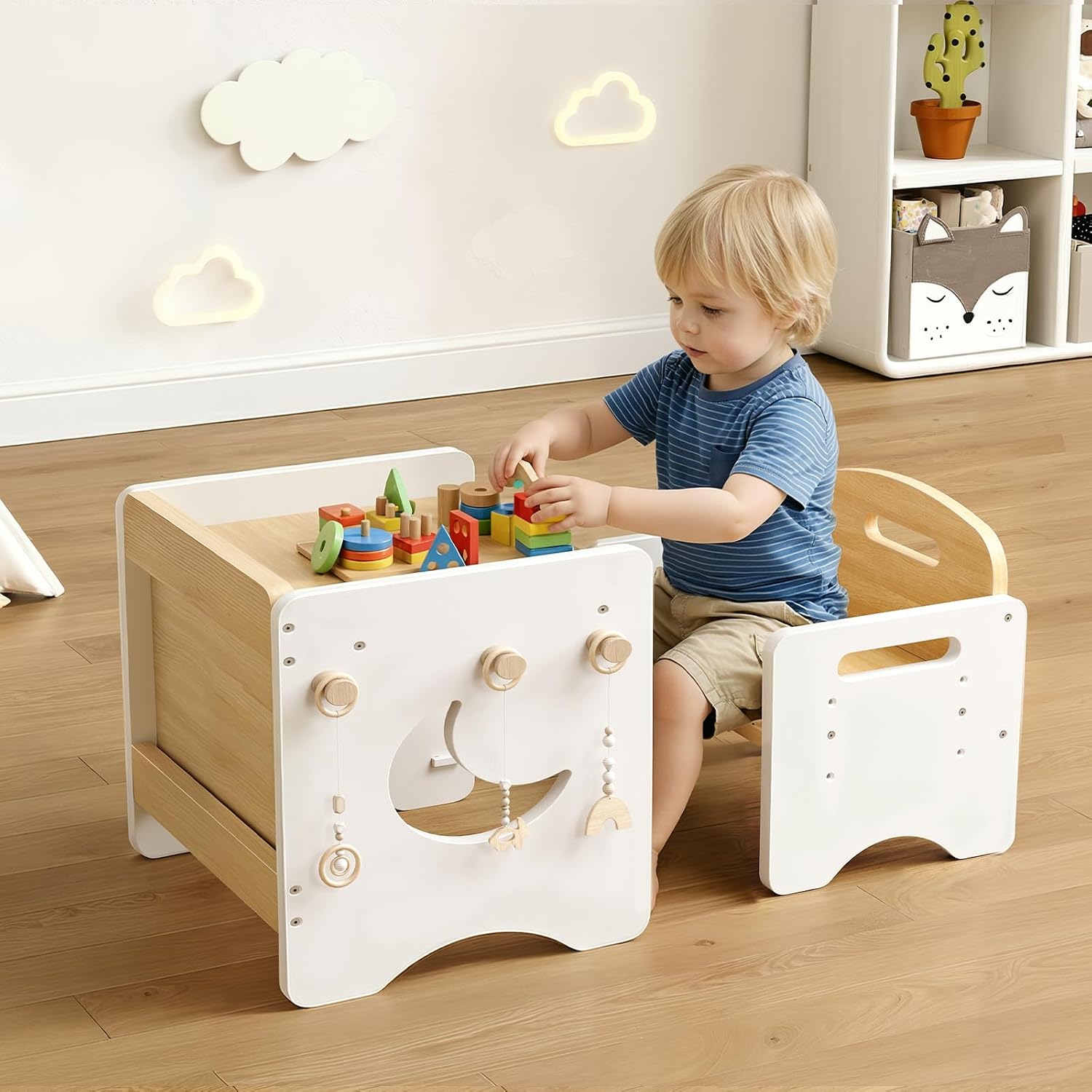 HOOBRO Weaning Table and Chair Set, 3-Level Height Adjustable Chair for Ages 1-3, Wooden Baby Activity Furniture for Reading, Playing and Eating, Enlarge Desktop, Easy to Assemble, Natural WN03KT01