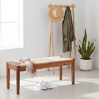 Vintage Entryway Bench, 47 inch Acacia Wood Bench with Woven Seagrass Seat, Entryway Bench, Wicker Bench Indoor for Hallway, End of Bed, Rustic Farmhouse Boho Style, Indoor Decorative Bench (Brown)