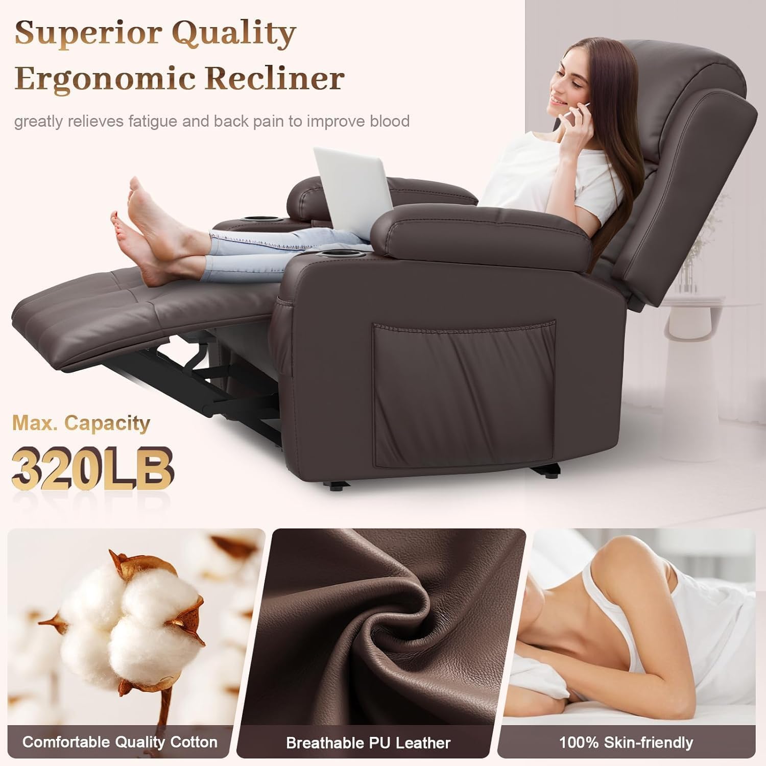 Extra Wide Seat Electric Power Recliner Chair | Heat & Back Massage