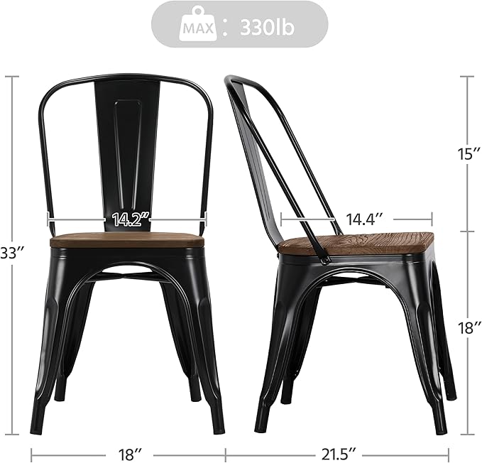 Yaheetech Metal Dining Chairs Set of 4, Industrial Stackable Kitchen Chairs with Wood Top Seat for Dining Room/Restaurant/Bistro/Patio, Indoor & Outdoor Use, Black