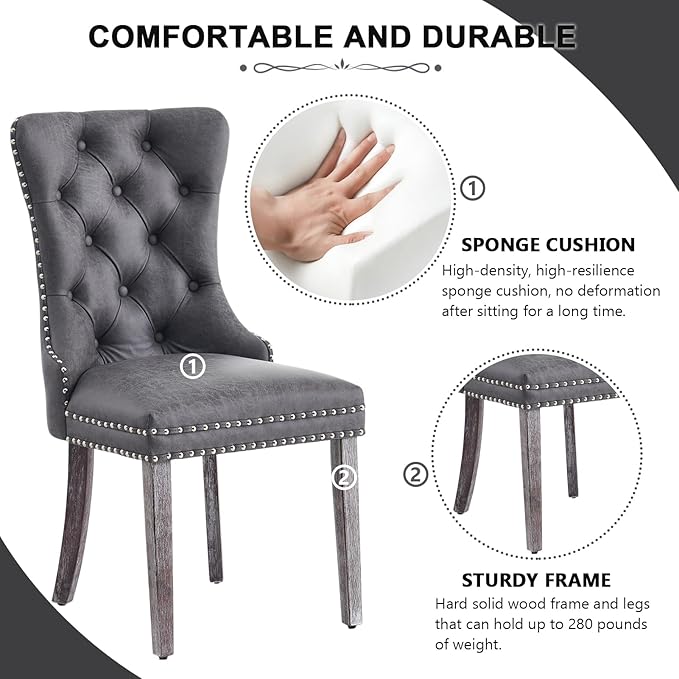 Kiztir Leather Dining Chairs Set of 4, Upholstered Dining Chair with Nailhead Trim and Solid Wood Legs, Luxury Wingback Dining Side Chair for Living Room, Bedroom, Kitchen (Grey)