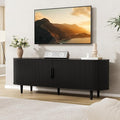 VOWNER 63" Fluted TV Stand, Modern Entertainment Center for TVs Up to 65" with Adjustable Shelves and Sliding Doors, Curved Media Console Table with Storage Cabinet for Living Room Bedroom (Black)