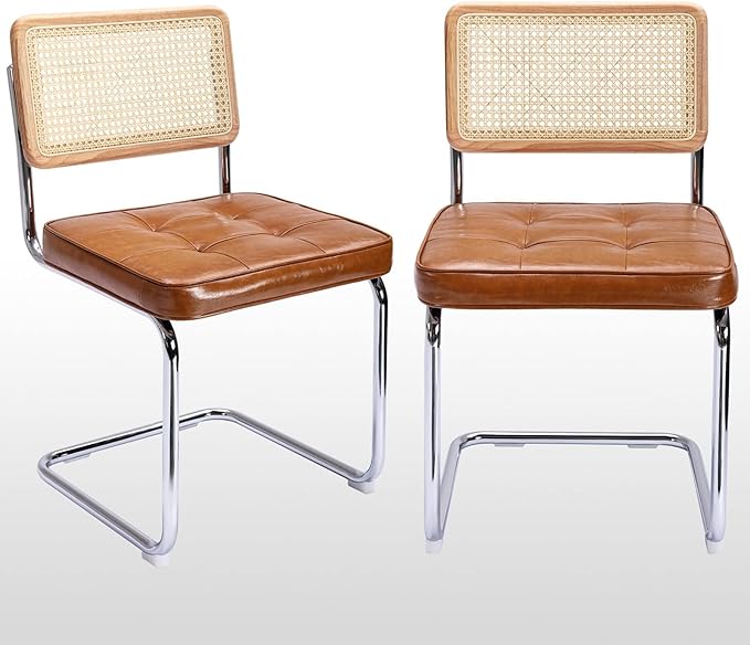 Zesthouse Natural Rattan Dining Chairs Set of 2, Modern Dining Room Chairs with Solid Wood Back for Kitchen Living Room, Mid Century Breuer Design Inspired, Upholstered Faux Leather Brown