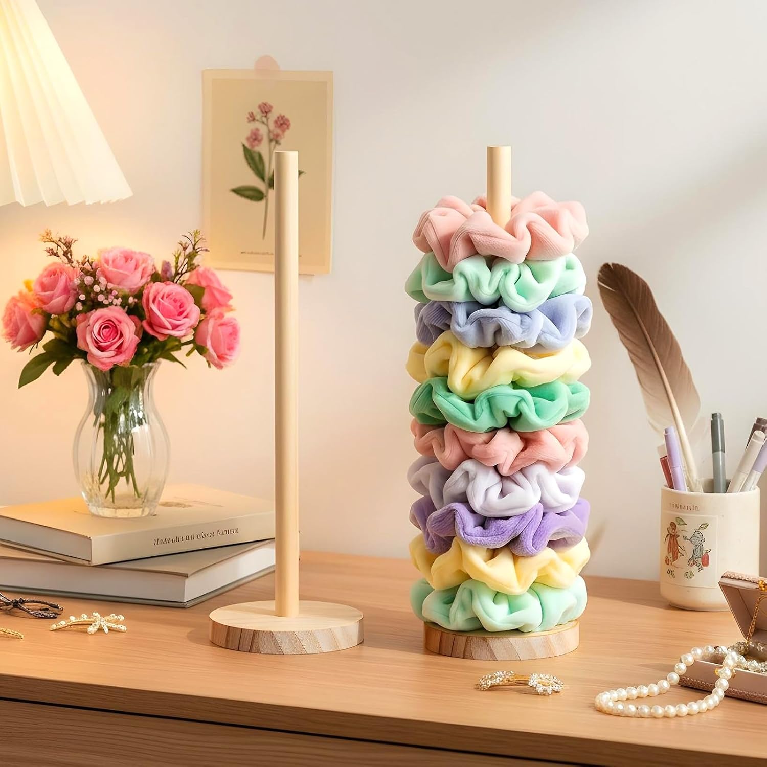 2 Pcs Scrunchie Holder Stand Hair Tie Organizer Vertical 15-20 Scrunchies Hairs Accessories Organizer Display Scrunchy Wood Hair Tie Holder Storage for Women Bathroom Bedroom Decor