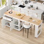 JassmiPkwy 78'' Rolling Kitchen Island with Extendable Dining Table for 4, Kitchen Islands on Wheels w/Pull Out Table, Drawer, 2-Tier Storage Shelf, Hooks, White