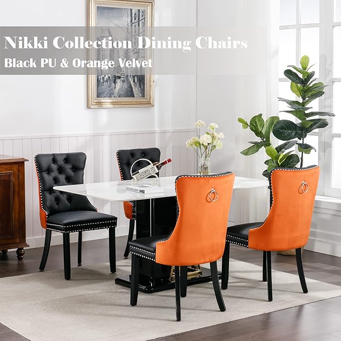 Dining Chairs Set of 4, Upholstered Dining Room Chairs with Back Ring Pull Trim and Solid Wooden Legs, Modern Tufted Kitchen Chairs Perfect for Dining Room, Black Pu Leather Splicing Orange Velvet