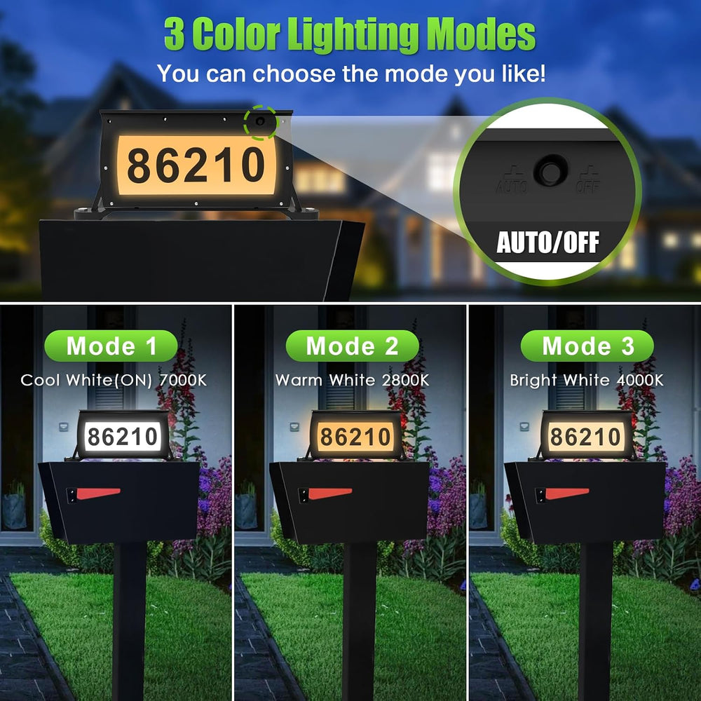 Solar Address Sign, 3 Colors-in-1 Waterproof Mailbox Number Plaque for Outsid...