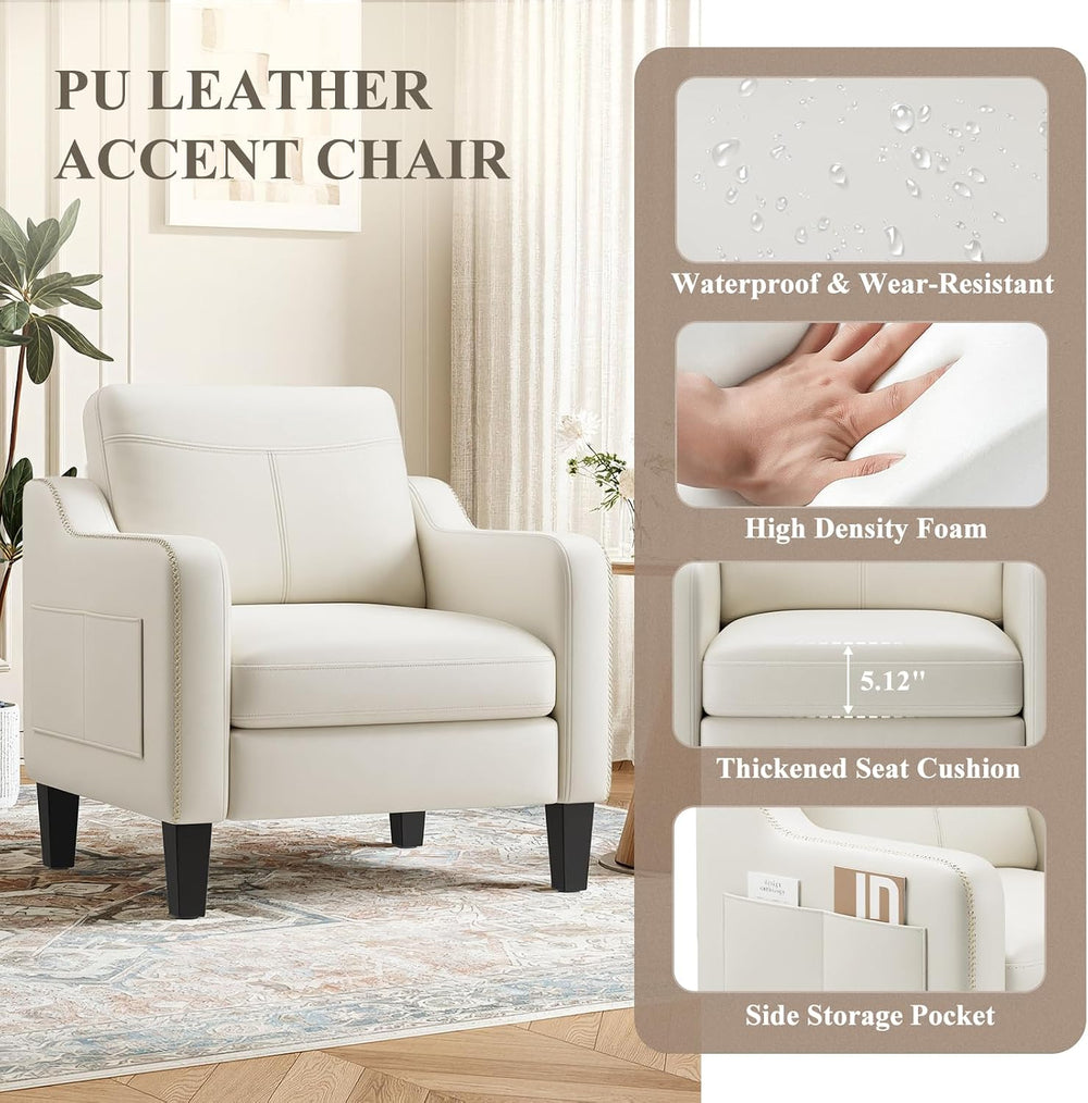 MALOL PU Leather Accent Chair Set of 2 with Solid Wood Frame, Beige