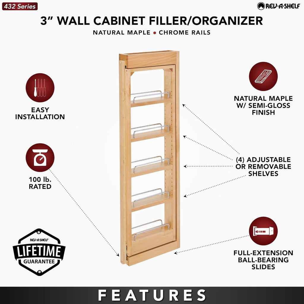 Rev-A-Shelf 3" W x 36" H Pull Out Quad Shelf Organizer for Wall & Base Kitchen Cabinets, Full Extension Filler Spice Rack, Adjustable, Wood, 432-WF36-3C
