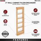 Rev-A-Shelf 3" W x 36" H Pull Out Quad Shelf Organizer for Wall & Base Kitchen Cabinets, Full Extension Filler Spice Rack, Adjustable, Wood, 432-WF36-3C