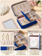 Velvet Travel Jewelry Box with Large Mirror, Double-Layer Jewelry Organizer Case for Women and Girls, Portable Storage Case with 6 Anti-Tarnish Bags Gift Ready for Her (Navy Blue)