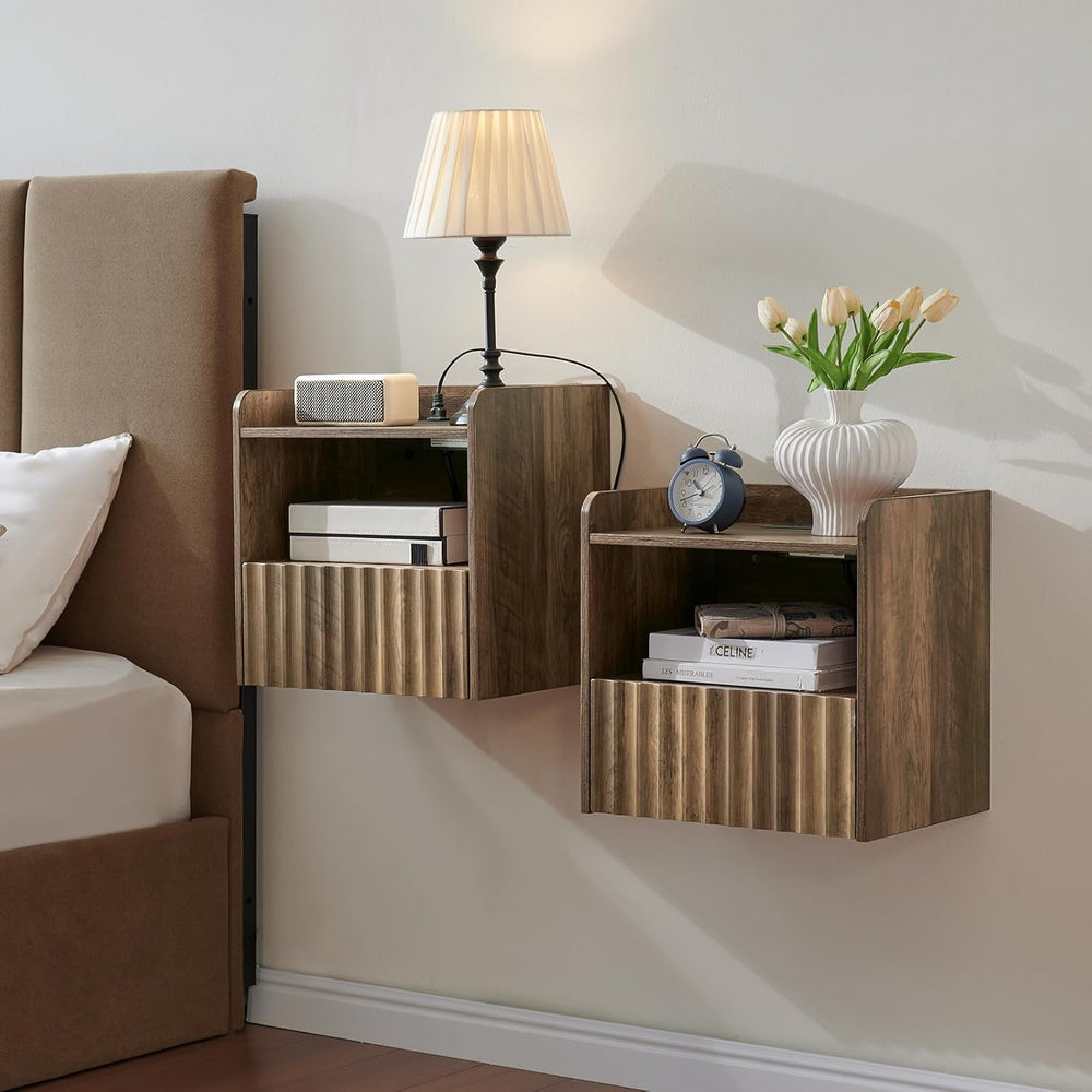 Modern Fluted Floating Nightstand Wall Mounted Set of 2- Bedside Table with S...