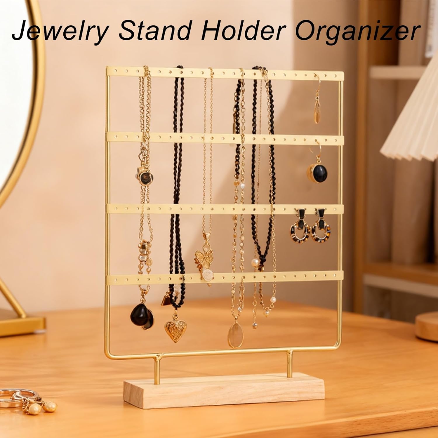 Earring Organizer Stand for Women, 4 Tier Tall Jewelry Holder Organizer Rack, Tabletop Display Rack Multiple Pierced Earrings, Wood and Iron Hanging Jewelry Organizer, Gold Jewelry Storage