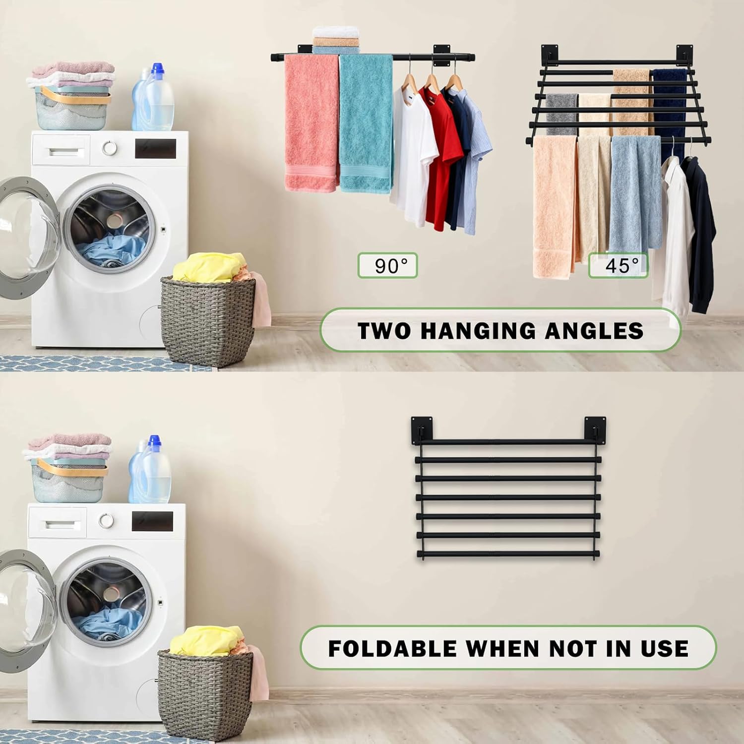 Wall Mounted Drying Rack, 43 Inches Wall Laundry Drying Rack Collapsible Indoor Clothes Drying Rack for Hanging Clothes