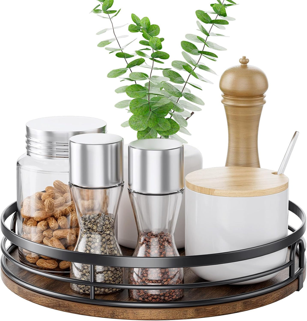 LAMU 9'' Lazy Susan Turntable Organizer for Cabinet, Round Wood Lazy Susan for Table Top, Kitchen, Countertop, Pantry, Spice, Bathroom Vanity, Coffee, Farmhouse Decor