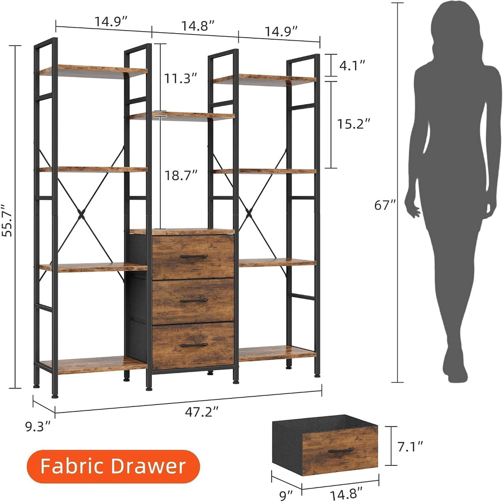 AFLUI Triple Bookshelf with 3 Fabric Drawers, 4-Tier Book Shelf and 10 Displa...