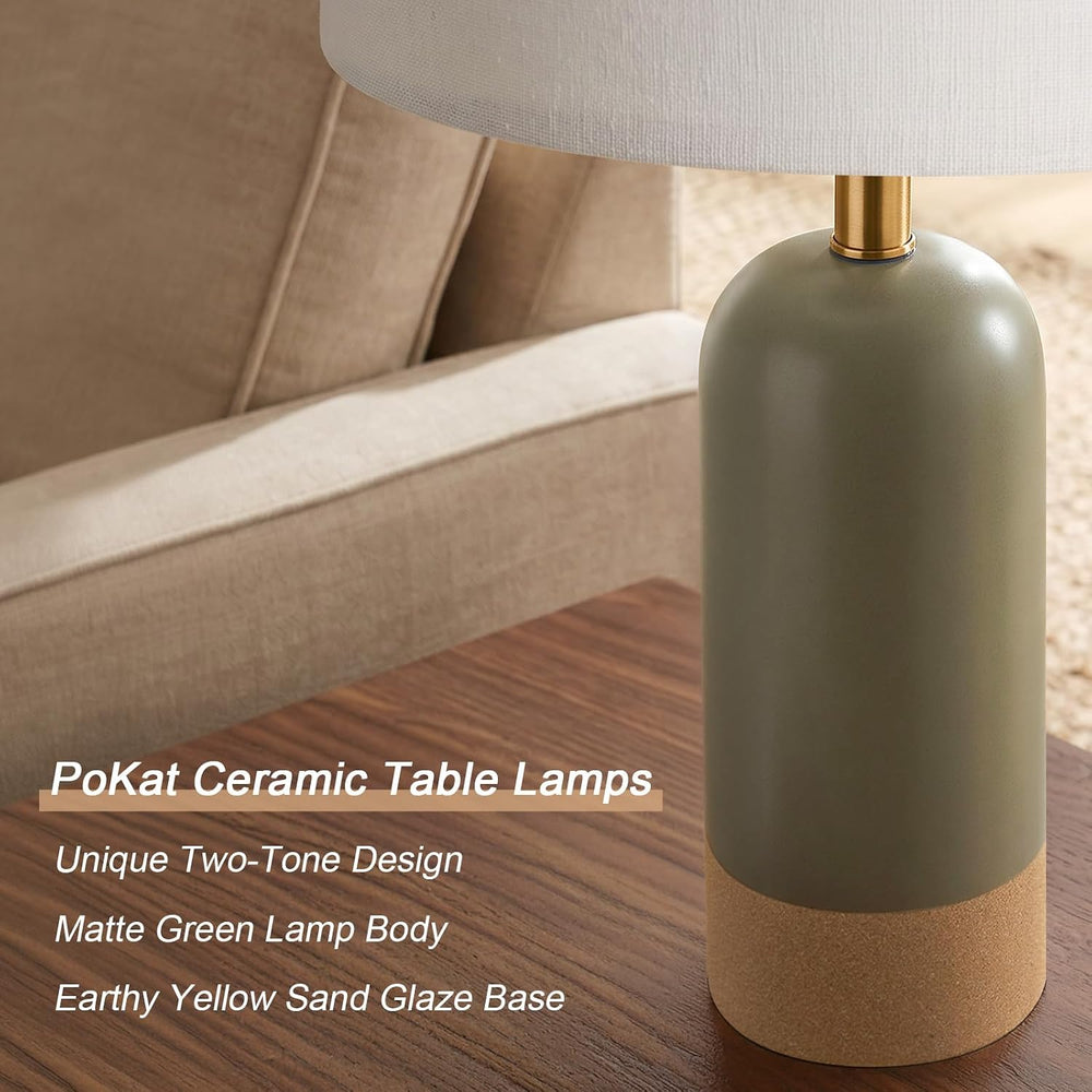 PoKat 24'' Hand-Textured Green Table Lamps, Farmhouse Bedside Lamp Se...