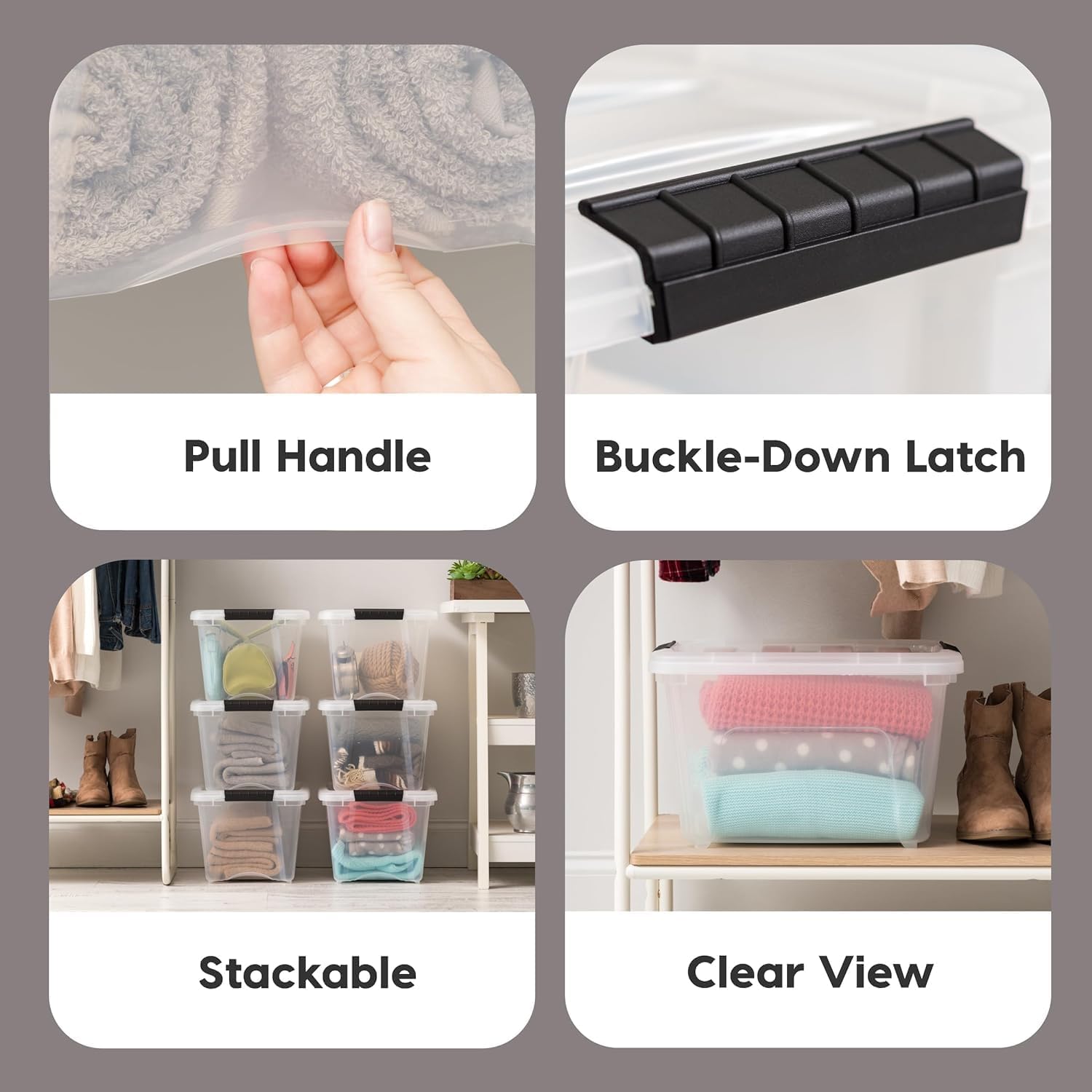 IRIS USA 19 QT Plastic Storage Box with Lid and Latches - 4 Pack - BPA-Free, See-Through Organizing Solution, Durable Nestable Stackable Containers, Secure Pull Handle - Clear