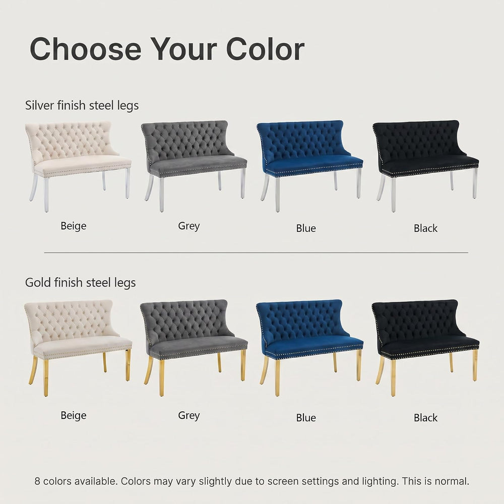 Upholstered Dining Bench with Back, Black, Gold Finish Steel Legs | Tufted Lo...