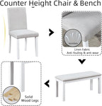 Dining Table Set for 5, 6 Piece Dining Room Table Set with Rectangular Crystal Decoration Table, 4 Upholstered Backrest Chairs and Bench, Counter Height Kitchen Sets with MDF Tabletop, White