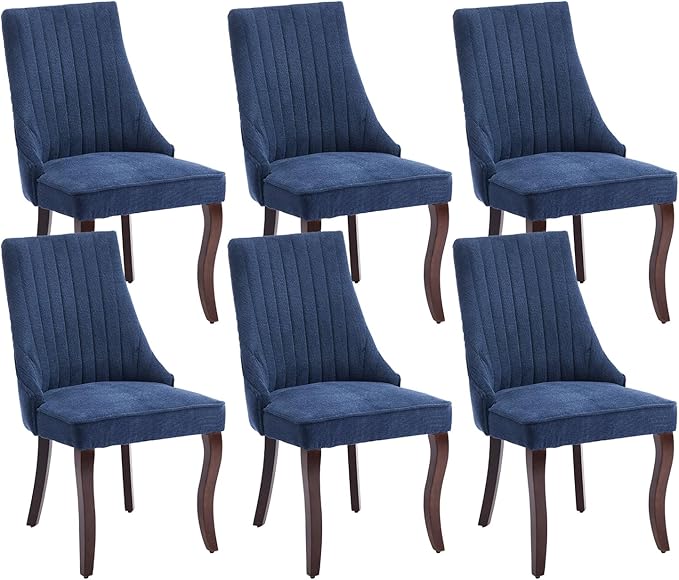 Dining Chairs Set of 6，Linen Channel Tufted Kitchen Dining Room Chair with Curved Solid Wood Legs, Comfortable Fabric Upholstered Dining Chair for Dining Room, (Blue, 6pc)
