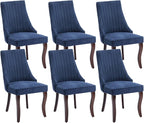 Dining Chairs Set of 6，Linen Channel Tufted Kitchen Dining Room Chair with Curved Solid Wood Legs, Comfortable Fabric Upholstered Dining Chair for Dining Room, (Blue, 6pc)