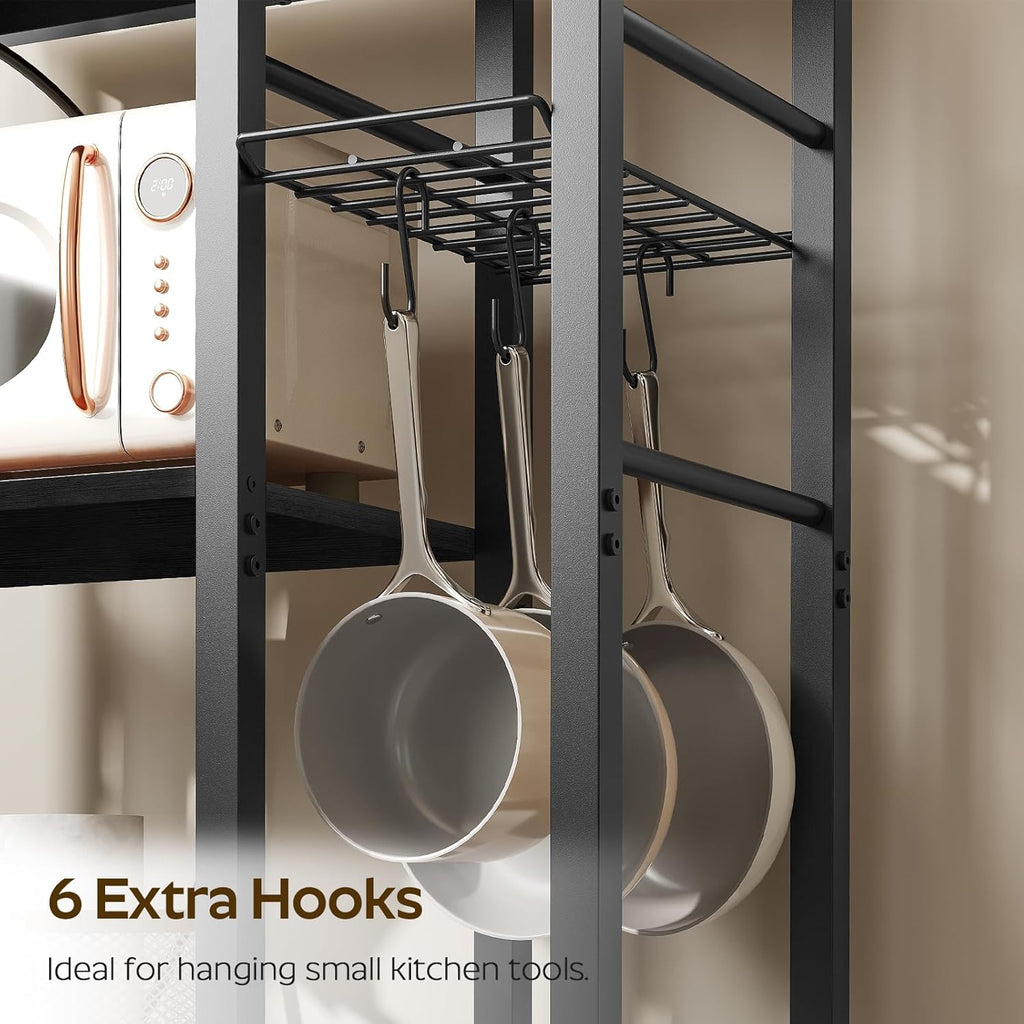 YATINEY Movable Bakers Rack, Microwave Stand with Charging Station, Kitchen Storage Rack with Hooks and Basket, Casters and Adjustable Feet, for Small Space, Kitchen, Dining Room, Black HB04UBB
