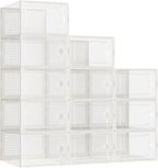 Kuject Large Shoe Organizers Storage Boxes for Closet, 12 Pack Clear Plastic Stackable Storage Bins with Lids, Under Bed Shoe Containers for Entryway, Fit up to Women's Size 10,Black,Off-white