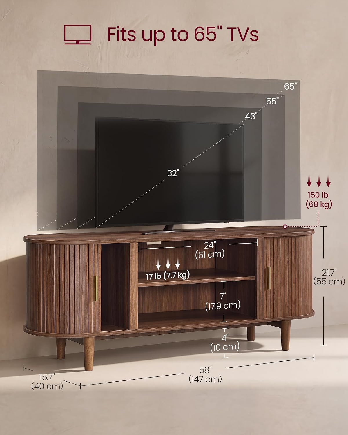 VASAGLE TV Stand for 65-Inch TVs, Mid Century Entertainment Center with Storage, Fluted Sliding Doors, Media Console Table for Living Room, Bedroom, Chestnut Walnut ULTV633K101