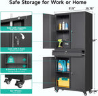 Metal Garage Storage Cabinet with Wheels and Drawer,73" Tall Black Rolling Garage Cabinet with Locking Doors and Adjustable Shelves,Mobile Metal Storage Cabinets on Wheels for Home,Office,Garages,Tool