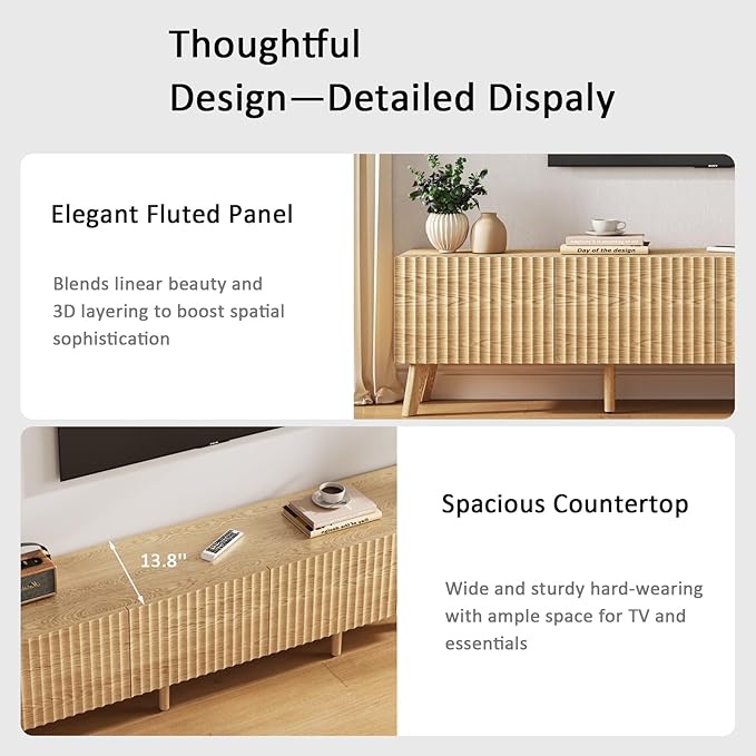 70.9” TV Stand for TVs up to 70,TV Console with Two Storage Compartments, Modern Entertainment Center with 6 Supporting Legs and Grooved Drawer Fronts, TV Stand for Living Room, Bedroom, Natural