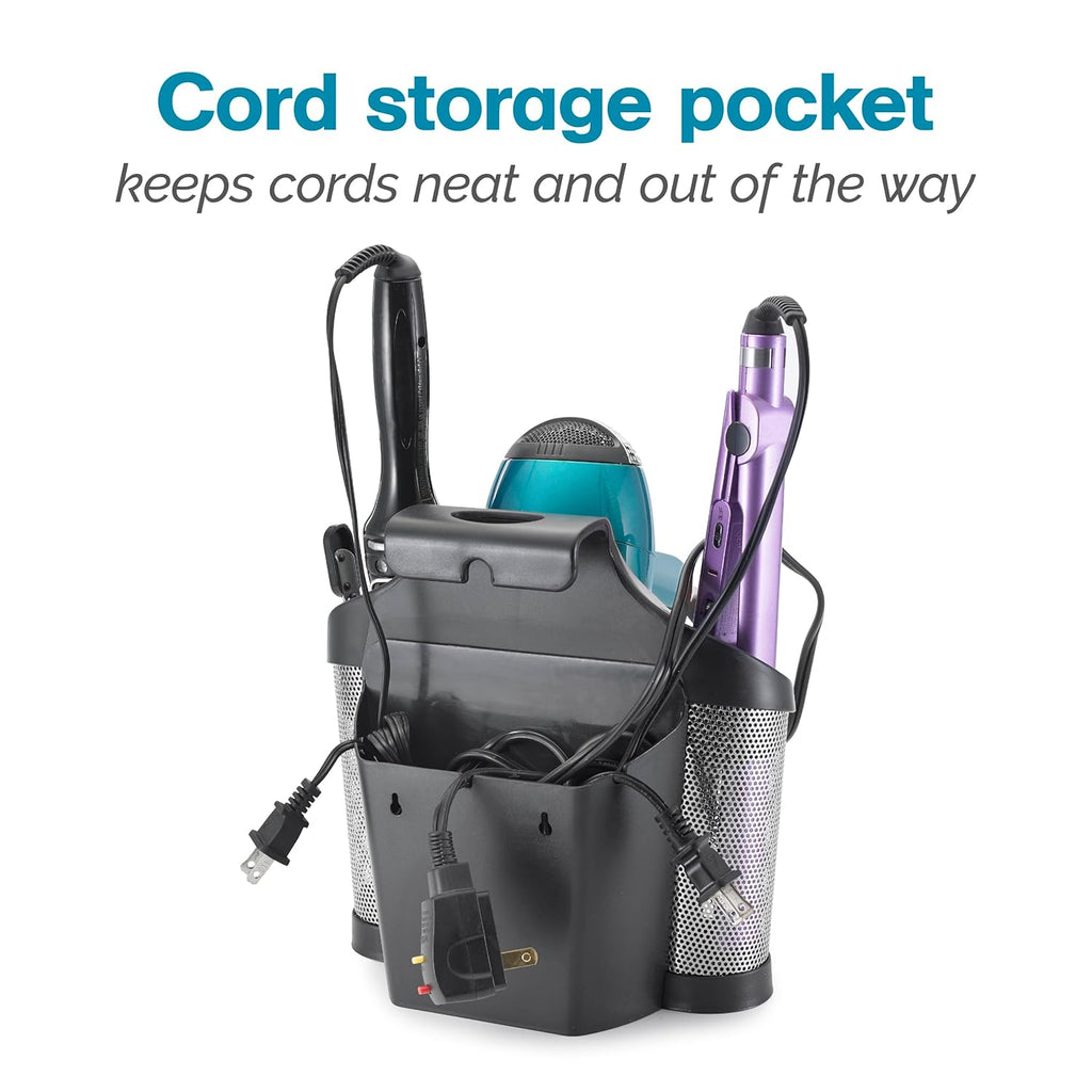 Polder Style Station, Organization for Styling Tools: Hair Dryers,Curling Irons, Straighteners, Brushes, Hang Over Towel Rack, Store Undersink or in Drawer, Black and Silver