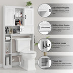 Vabches Farmhouse Over The Toilet Storage Cabinet with 2 Barn Doors & Sliding Door, Over The Toilet Bathroom Organizer with Open Storage Layer and Adjustable Shelves & Hooks.White