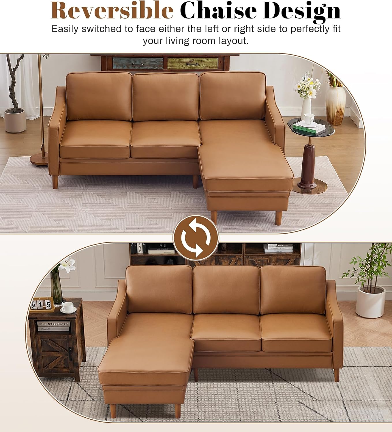 88" L-Shape Sofa, Faux Leather Sectional Couch, Mid Century Modern Couches with Solid Wood Frame for Living Room Bedroom