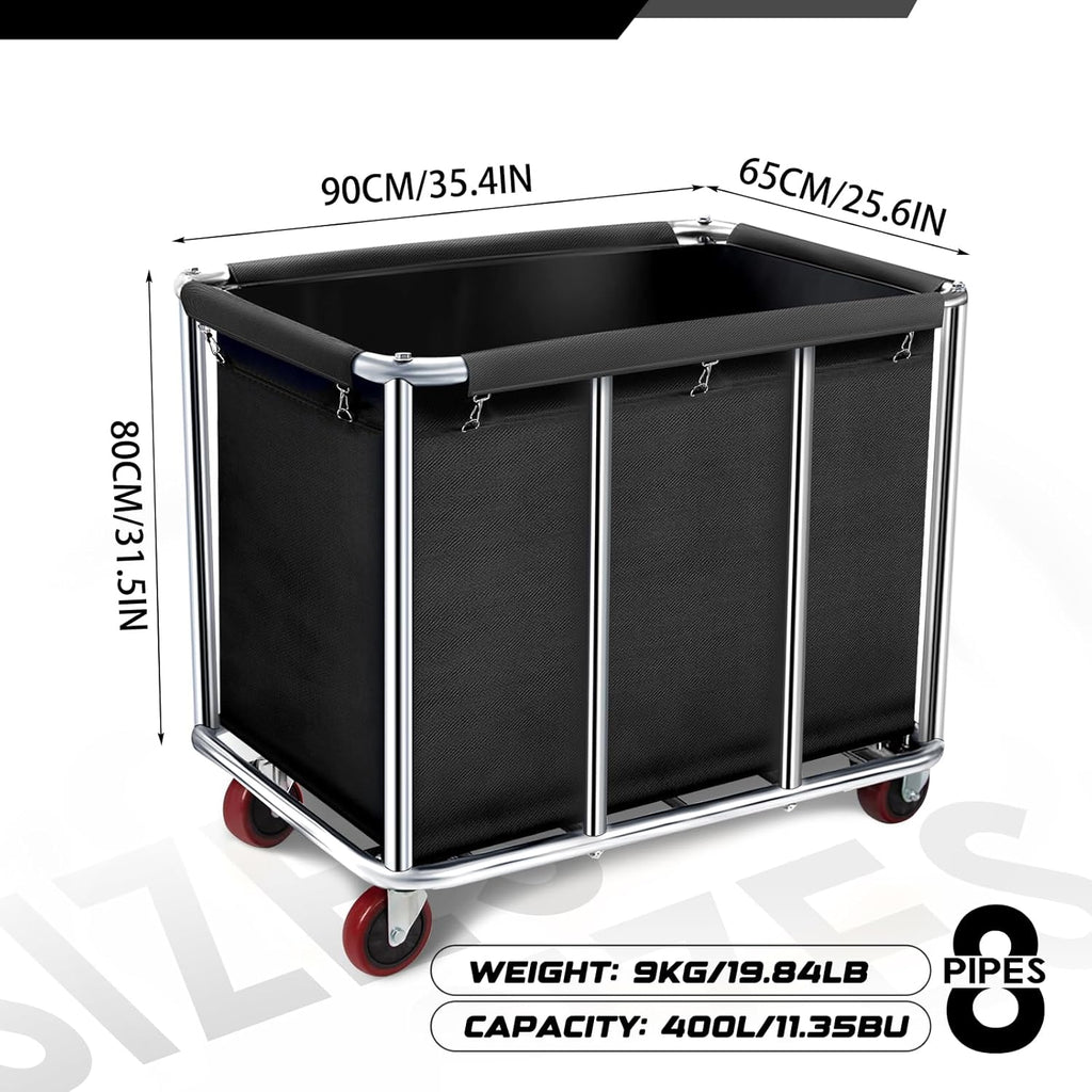 Commercial Laundry Cart with Wheels, 11.35 Bushel Large Laundry Tumbler with Removable Waterproof Canvas Lined Basket, Heavy Duty Stainless Steel Laundry Basket for Hotels and Hospitals