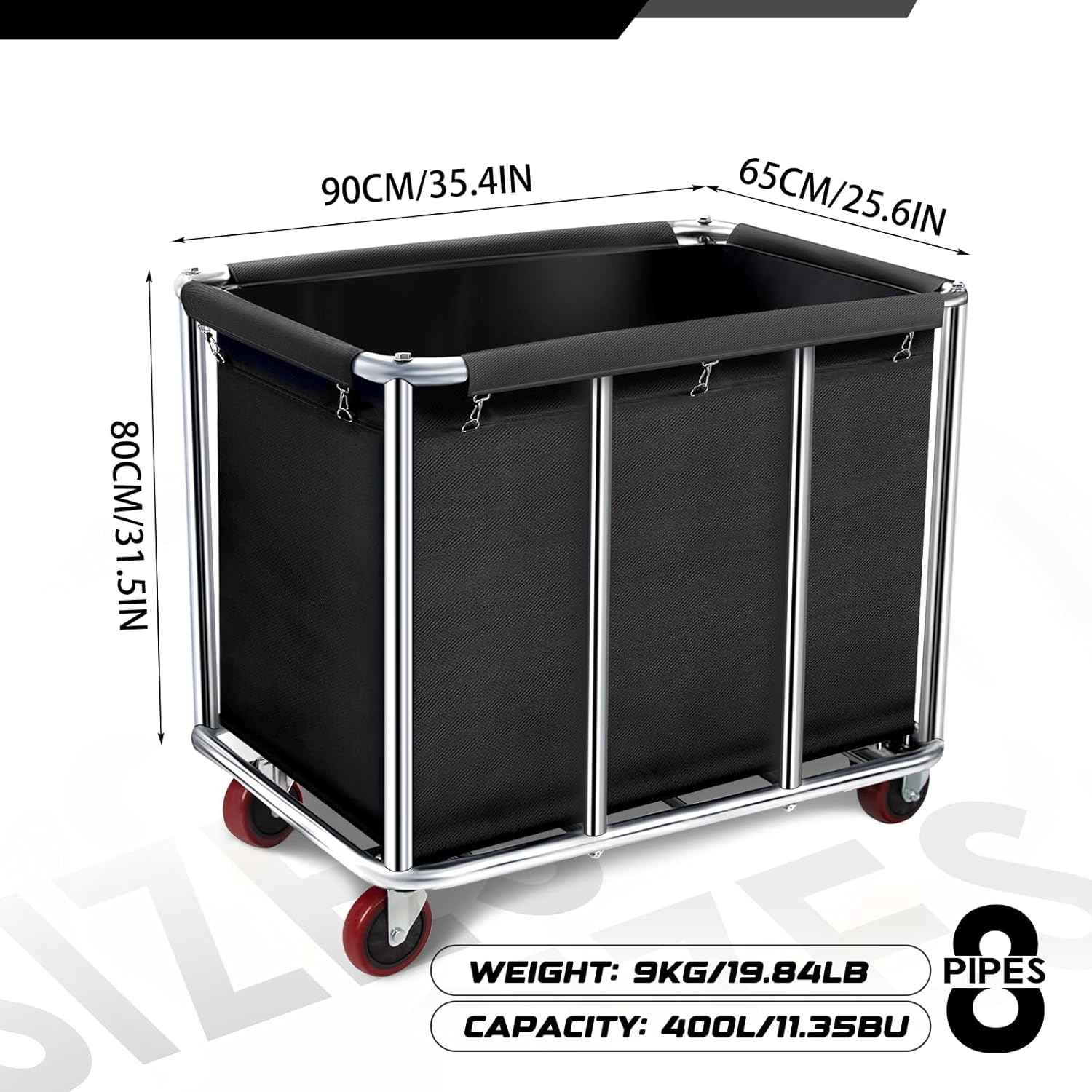 Commercial Laundry Cart with Wheels, 11.35 Bushel Large Laundry Tumbler with Removable Waterproof Canvas Lined Basket, Heavy Duty Stainless Steel Laundry Basket for Hotels and Hospitals